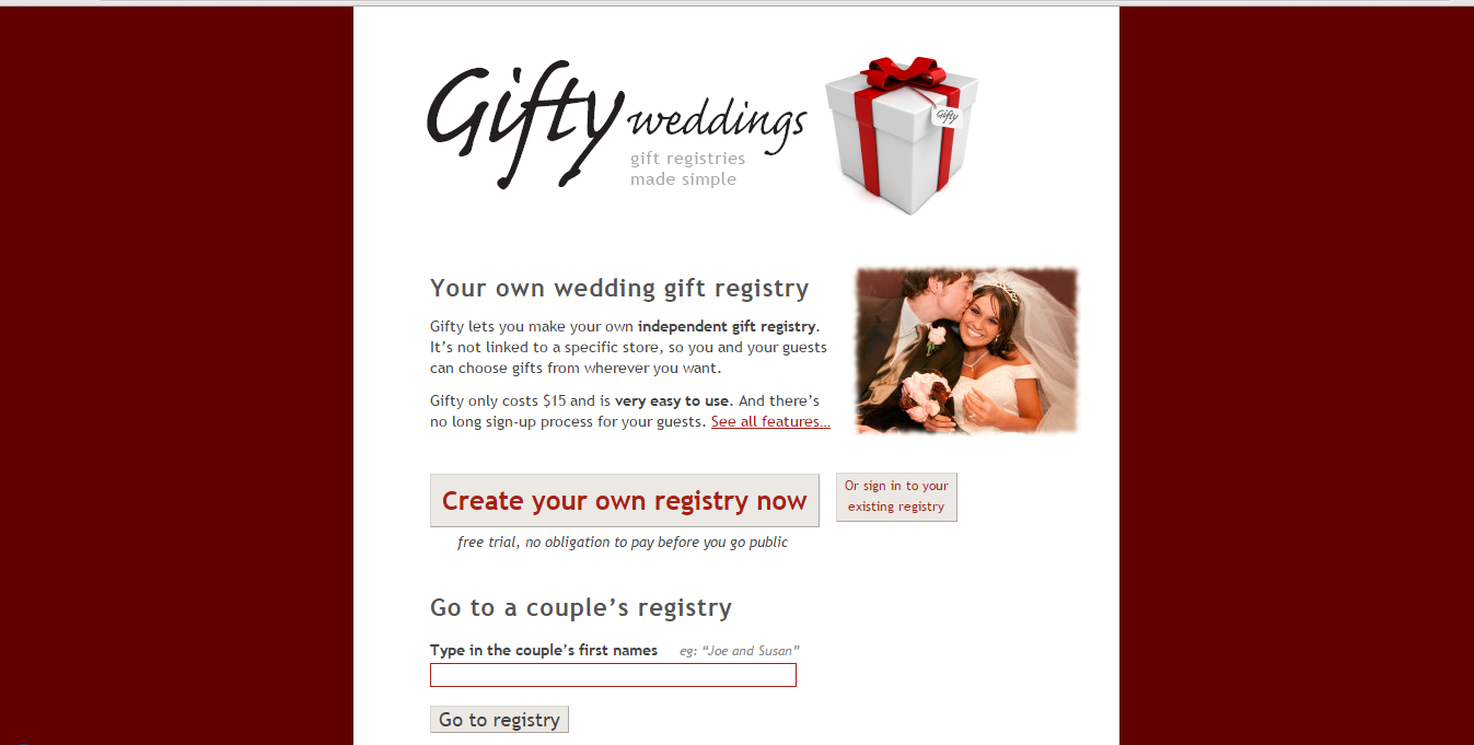 Screenshot of the old Gifty Weddings website