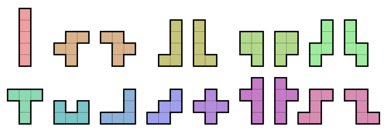 The 12 pentominoes (including flipped versions)