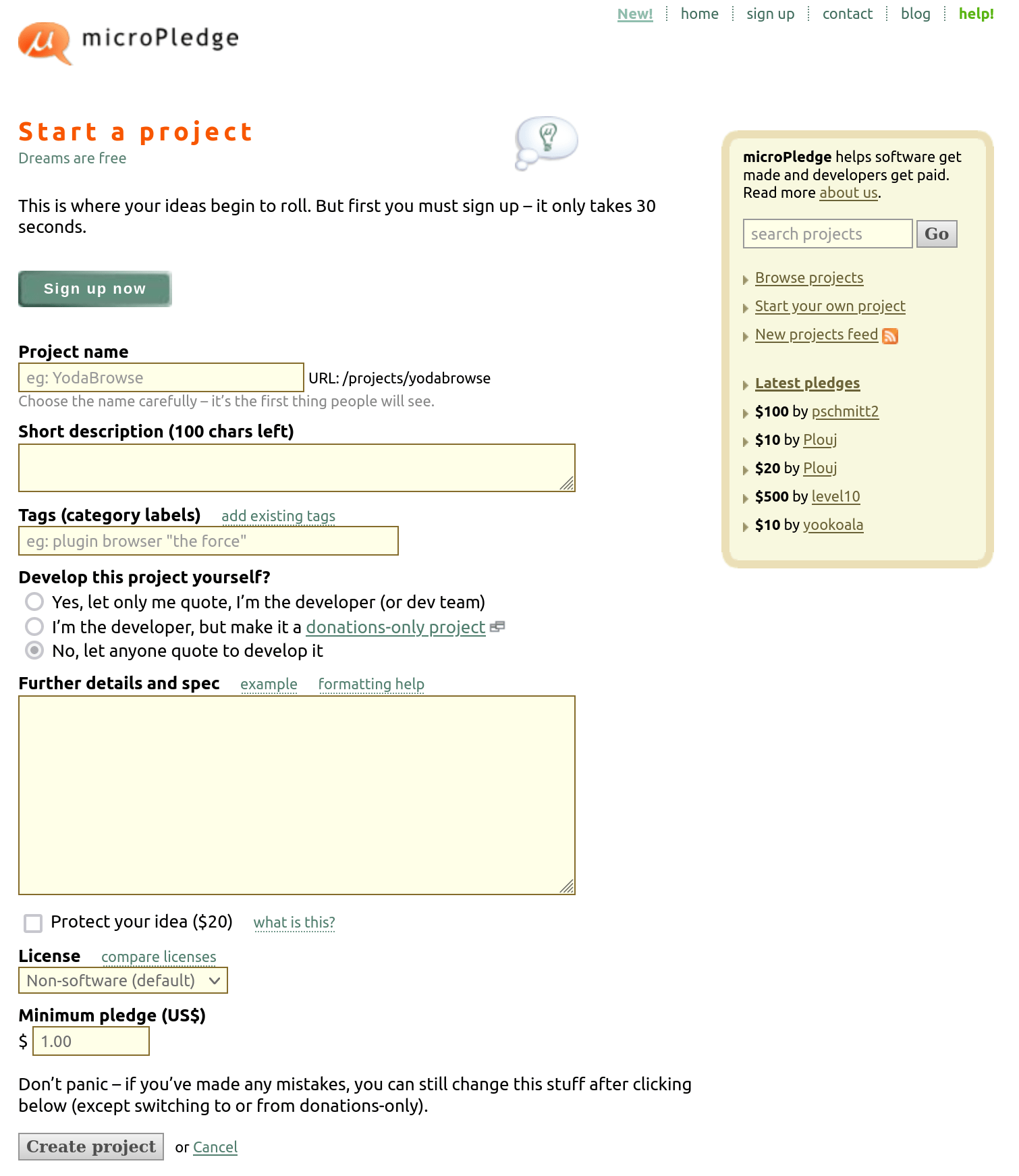 microPledge start-a-project page