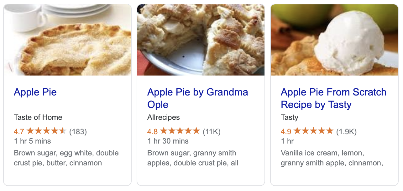 Recipe "info box" on Google search results page