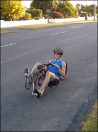 Othniel Cressy on his recumbent bicycle